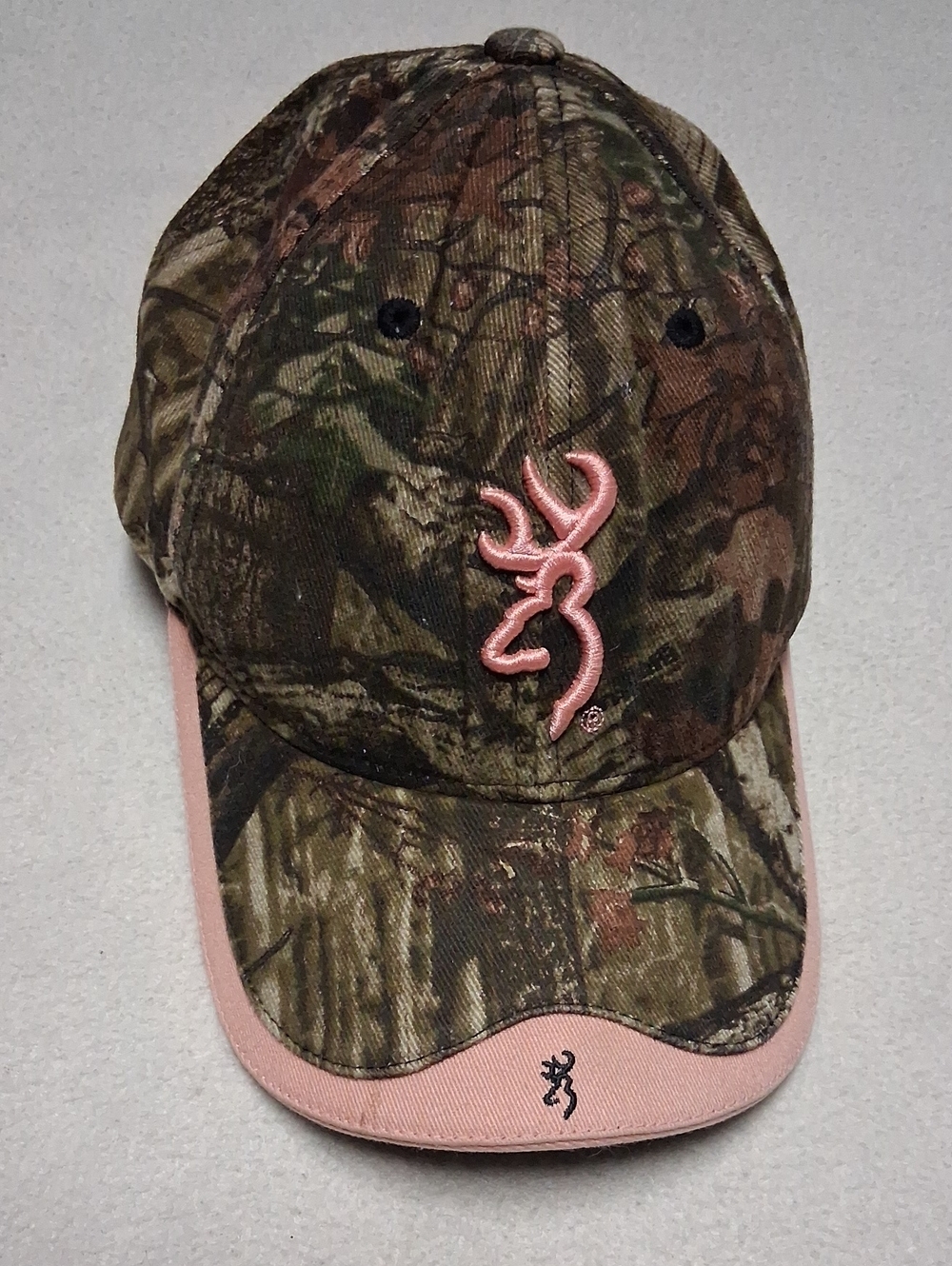 Browning Camo Baseball Hat with Pink Logo and Trim